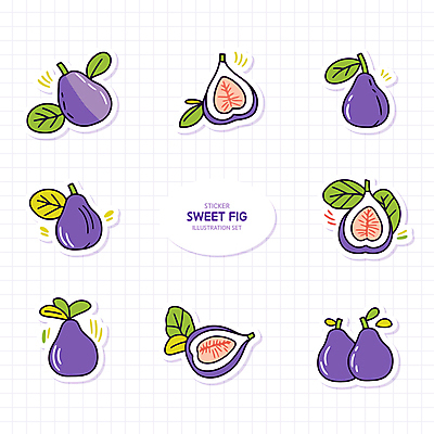 열매 스티커 잎 일러스트 단면 사람없음 세트 보라색 무화과 엘리먼트 국내일러스트 AI파일 식물 컬러 과일 파일형식 벡터