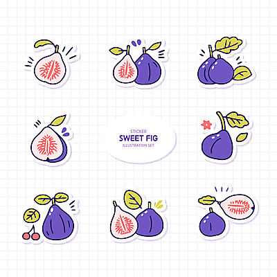 열매 스티커 잎 일러스트 단면 사람없음 세트 보라색 무화과 엘리먼트 국내일러스트 AI파일 식물 컬러 과일 파일형식 벡터