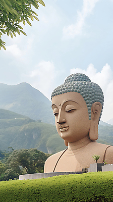 JPG 구름 하늘색 일러스트 자연 하늘 산 사람없음 초록색 평화 부처님상 웅장함 국내일러스트 AI일러스트 AI콘텐츠 자연요소 컬러 컨셉 파란색 불상 생태계 부처 파일형식