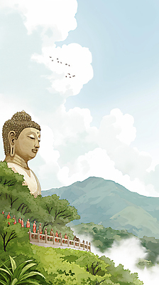 JPG 구름 남자 하늘색 일러스트 자연 조류 하늘 산 여러명 성인 초록색 평화 승려 나무울타리 부처님상 웅장함 성인남자만 국내일러스트 AI일러스트 AI콘텐츠 자연요소 동물 컬러 다수 컨셉 사람 파란색 울타리 성직자 불상 생태계 부처 남자만 성인만 파일형식