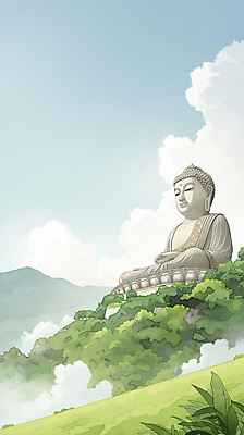 JPG 구름 하늘색 일러스트 자연 하늘 산 사람없음 초록색 평화 안개 부처님상 웅장함 국내일러스트 AI일러스트 AI콘텐츠 자연요소 컬러 컨셉 날씨 파란색 불상 생태계 부처 파일형식