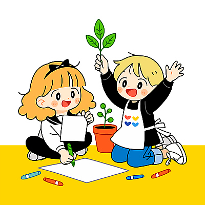 전신 식물 여자 남자 화분 종이 어린이 일러스트 미소 들기 소녀 소년 두명 자연보호 환경 앞치마 만세 무릎꿇기 식목일 즐거움 원예 크레파스 가부좌 어린이만 국내일러스트 AI파일 기념일 감정 모션 자연 학용품 표정 사람 앉기 취미 보호 파일형식 벡터