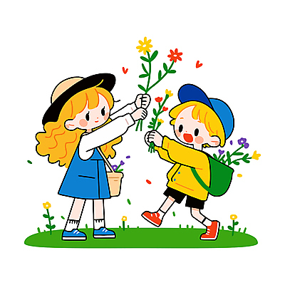 전신 식물 모자 여자 남자 어린이 가방 일러스트 미소 들기 소녀 소년 두명 자연보호 환경 식목일 즐거움 원예 꽃바구니 매기 어린이만 국내일러스트 AI파일 잡화 기념일 꽃 감정 모션 자연 표정 사람 취미 바구니 보호 파일형식 벡터