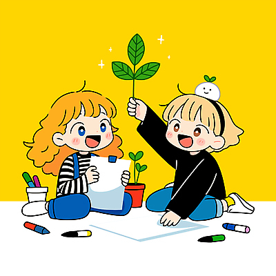 전신 식물 여자 화분 종이 어린이 일러스트 미소 들기 앉기 소녀 두명 자연보호 환경 식목일 즐거움 원예 크레파스 소녀만 국내일러스트 AI파일 기념일 감정 모션 자연 학용품 표정 사람 취미 보호 여자만 어린이만 파일형식 벡터