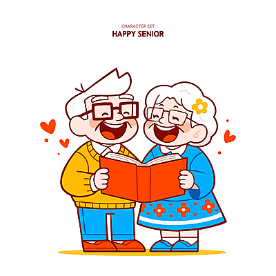 전신 여자 할아버지 노년 남자 행복 할머니 일러스트 사랑 웃음 들기 두명 책 노부부 하트 실버 읽기 노인만 안경낌 국내일러스트 일러캐릭터 AI파일 모양 캐릭터 부부 감정 안경 모션 표정 사람 성인 성인만 파일형식 벡터