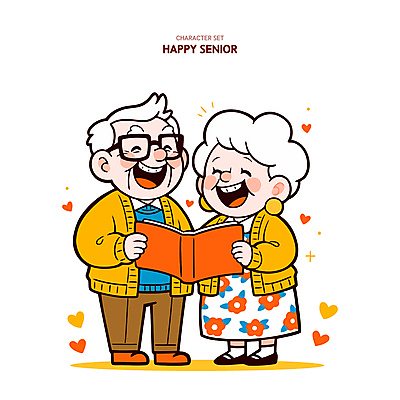 전신 여자 할아버지 노년 남자 행복 할머니 일러스트 사랑 웃음 들기 두명 책 노부부 하트 실버 읽기 노인만 안경낌 국내일러스트 일러캐릭터 AI파일 모양 캐릭터 부부 감정 안경 모션 표정 사람 성인 성인만 파일형식 벡터