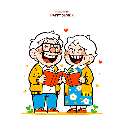 전신 여자 할아버지 노년 남자 행복 할머니 일러스트 사랑 웃음 들기 두명 책 마주보기 노부부 하트 실버 읽기 노인만 안경낌 국내일러스트 일러캐릭터 AI파일 모양 캐릭터 부부 감정 안경 모션 표정 사람 성인 성인만 파일형식 벡터