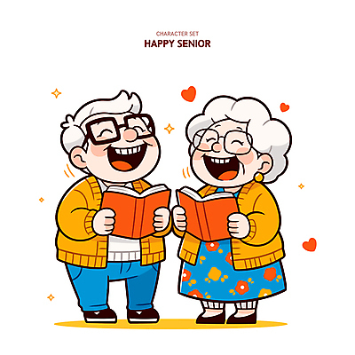전신 여자 할아버지 노년 남자 행복 할머니 일러스트 사랑 웃음 들기 두명 책 반짝임 노부부 하트 실버 읽기 노인만 안경낌 국내일러스트 일러캐릭터 AI파일 모양 캐릭터 부부 감정 안경 모션 표정 사람 성인 성인만 파일형식 벡터