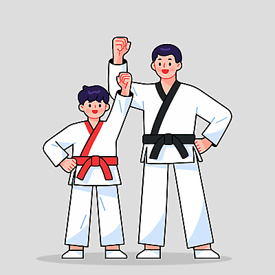 전신 남자 어린이 허리손 일러스트 미소 소년 성인 두명 손들기 주먹 회색 자신감 태권도 태권도복 검은띠 사범 태권도캐릭터 남자만 빨간띠 국내일러스트 일러캐릭터 AI파일 캐릭터 감정 스포츠용품 컬러 포즈 모션 표정 도복 사람 격투기 끈 파일형식 벡터
