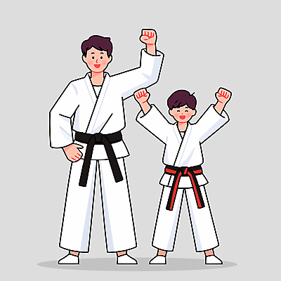 전신 남자 어린이 허리손 일러스트 미소 소년 성인 두명 손들기 주먹 만세 회색 자신감 태권도 태권도복 검은띠 사범 태권도캐릭터 남자만 품띠 국내일러스트 일러캐릭터 AI파일 캐릭터 감정 스포츠용품 컬러 포즈 모션 표정 도복 사람 격투기 끈 파일형식 벡터