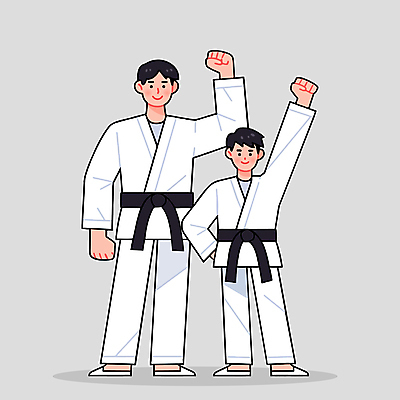 전신 남자 어린이 허리손 일러스트 미소 소년 성인 두명 손들기 주먹 회색 자신감 태권도 태권도복 검은띠 사범 태권도캐릭터 남자만 국내일러스트 일러캐릭터 AI파일 캐릭터 감정 스포츠용품 컬러 포즈 모션 표정 도복 사람 격투기 끈 파일형식 벡터