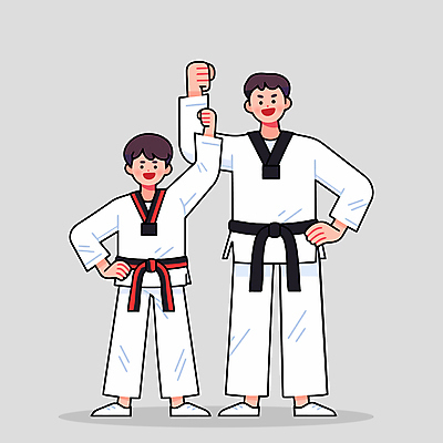 전신 남자 어린이 허리손 일러스트 미소 소년 성인 두명 손들기 주먹 회색 자신감 태권도 태권도복 검은띠 사범 태권도캐릭터 남자만 품띠 국내일러스트 일러캐릭터 AI파일 캐릭터 감정 스포츠용품 컬러 포즈 모션 표정 도복 사람 격투기 끈 파일형식 벡터