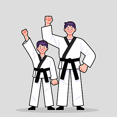 전신 남자 어린이 허리손 일러스트 미소 소년 성인 두명 손들기 주먹 회색 자신감 태권도 태권도복 검은띠 사범 태권도캐릭터 남자만 국내일러스트 일러캐릭터 AI파일 캐릭터 감정 스포츠용품 컬러 포즈 모션 표정 도복 사람 격투기 끈 파일형식 벡터