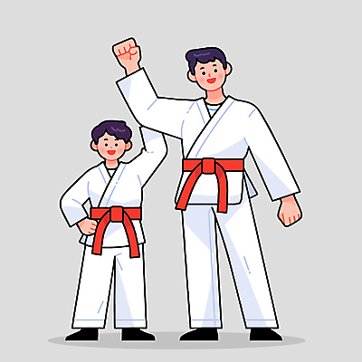 전신 남자 어린이 허리손 일러스트 미소 소년 성인 두명 손들기 주먹 회색 자신감 태권도 태권도복 사범 태권도캐릭터 남자만 빨간띠 국내일러스트 일러캐릭터 AI파일 캐릭터 감정 스포츠용품 컬러 포즈 모션 표정 도복 사람 격투기 끈 파일형식 벡터
