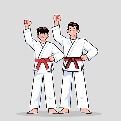 전신 남자 허리손 일러스트 청소년 미소 성인 두명 손들기 주먹 회색 자신감 태권도 태권도복 사범 태권도캐릭터 남자만 품띠 국내일러스트 일러캐릭터 AI파일 캐릭터 감정 스포츠용품 컬러 포즈 모션 표정 도복 사람 격투기 끈 파일형식 벡터