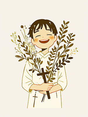 JPG 남자 기독교 어린이 십자가 일러스트 한명 미소 들기 소년 상반신 예수 순수 베이지색 사제복 신앙심 월계수 소년한명만 국내일러스트 AI일러스트 AI콘텐츠 1 종교 컬러 컨셉 모션 표정 사람 신_종교 남자한명만 소년만 파일형식