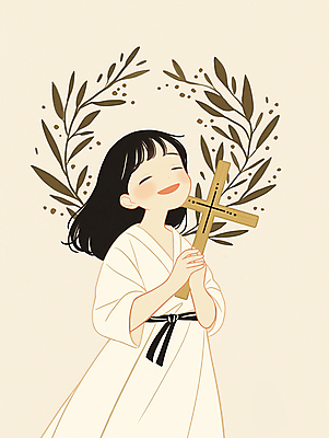 JPG 여자 기독교 어린이 십자가 일러스트 한명 미소 들기 소녀 예수 순수 베이지색 사제복 신앙심 월계수 소녀한명만 국내일러스트 AI일러스트 AI콘텐츠 1 종교 컬러 컨셉 모션 표정 사람 신_종교 여자한명만 소녀만 파일형식