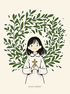JPG 여자 기독교 어린이 십자가 일러스트 한명 미소 들기 소녀 상반신 예수 순수 베이지색 사제복 신앙심 월계수 소녀한명만 국내일러스트 AI일러스트 AI콘텐츠 1 종교 컬러 컨셉 모션 표정 사람 신_종교 여자한명만 소녀만 파일형식