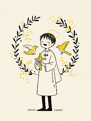 JPG 전신 남자 기독교 어린이 십자가 일러스트 조류 한명 미소 들기 소년 예수 순수 후광 베이지색 사제복 신앙심 월계수 소년한명만 국내일러스트 AI일러스트 AI콘텐츠 동물 1 종교 컬러 컨셉 모션 표정 사람 빛 신_종교 남자한명만 소년만 파일형식