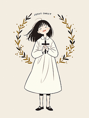 JPG 전신 여자 기독교 어린이 십자가 일러스트 한명 미소 들기 소녀 예수 순수 베이지색 사제복 신앙심 월계수 소녀한명만 국내일러스트 AI일러스트 AI콘텐츠 1 종교 컬러 컨셉 모션 표정 사람 신_종교 여자한명만 소녀만 파일형식