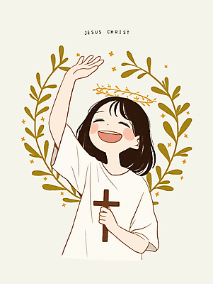 JPG 여자 기독교 어린이 십자가 일러스트 한명 미소 들기 소녀 상반신 예수 순수 손뻗기 베이지색 신앙심 월계수 소녀한명만 국내일러스트 AI일러스트 AI콘텐츠 1 종교 컬러 컨셉 모션 표정 사람 신_종교 여자한명만 소녀만 파일형식