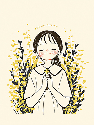 JPG 여자 기독교 어린이 십자가 일러스트 한명 미소 들기 소녀 상반신 눈감음 기도 예수 순수 베이지색 신앙심 월계수 소녀한명만 국내일러스트 AI일러스트 AI콘텐츠 1 종교 컬러 컨셉 모션 표정 사람 신_종교 여자한명만 소녀만 파일형식