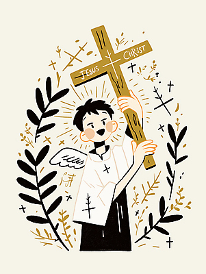 JPG 남자 기독교 어린이 십자가 날개 일러스트 한명 미소 들기 소년 예수 순수 후광 베이지색 사제복 신앙심 월계수 소년한명만 국내일러스트 AI일러스트 AI콘텐츠 1 종교 컬러 컨셉 모션 표정 사람 빛 신_종교 남자한명만 소년만 파일형식