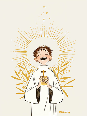 JPG 남자 기독교 어린이 십자가 일러스트 한명 미소 들기 소년 상반신 예수 순수 후광 베이지색 사제복 신앙심 월계수 소년한명만 국내일러스트 AI일러스트 AI콘텐츠 1 종교 컬러 컨셉 모션 표정 사람 빛 신_종교 남자한명만 소년만 파일형식