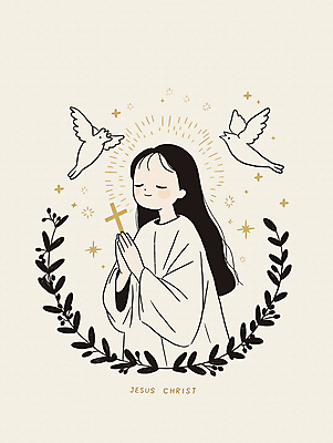 JPG 여자 기독교 어린이 십자가 일러스트 조류 한명 미소 들기 소녀 상반신 눈감음 기도 예수 순수 후광 베이지색 사제복 신앙심 월계수 소녀한명만 국내일러스트 AI일러스트 AI콘텐츠 동물 1 종교 컬러 컨셉 모션 표정 사람 빛 신_종교 여자한명만 소녀만 파일형식