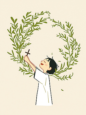 JPG 남자 기독교 어린이 십자가 일러스트 한명 미소 들기 소년 상반신 예수 순수 베이지색 신앙심 월계수 소년한명만 국내일러스트 AI일러스트 AI콘텐츠 1 종교 컬러 컨셉 모션 표정 사람 신_종교 남자한명만 소년만 파일형식