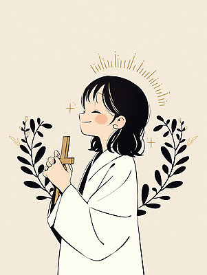 JPG 여자 기독교 어린이 십자가 일러스트 한명 미소 들기 소녀 상반신 눈감음 기도 예수 순수 후광 베이지색 사제복 신앙심 월계수 소녀한명만 국내일러스트 AI일러스트 AI콘텐츠 1 종교 컬러 컨셉 모션 표정 사람 빛 신_종교 여자한명만 소녀만 파일형식