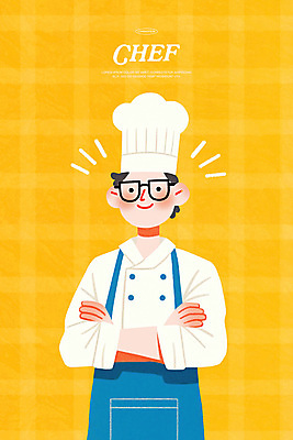 PSD 남자 일러스트 직업캐릭터 요리사모자 한명 미소 상반신 성인 노란색 팔짱 앞치마 자신감 조리복 성인남자한명만 안경낌 국내일러스트 일러캐릭터 직업 캐릭터 모자_잡화 1 감정 안경 컬러 유니폼 모션 표정 사람 요리사 남자한명만 성인남자만 파일형식