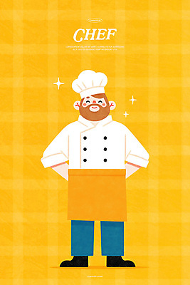 전신 PSD 남자 일러스트 직업캐릭터 요리사모자 한명 미소 성인 반짝임 노란색 앞치마 자신감 조리복 뒷짐 성인남자한명만 국내일러스트 일러캐릭터 직업 캐릭터 모자_잡화 1 감정 컬러 유니폼 모션 표정 사람 요리사 남자한명만 성인남자만 파일형식