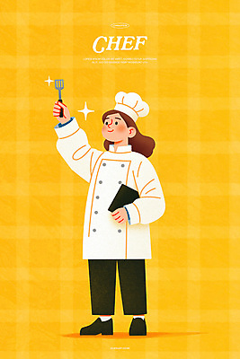 전신 PSD 여자 일러스트 직업캐릭터 요리사모자 한명 미소 들기 성인 반짝임 노란색 자신감 조리복 뒤집개 성인여자한명만 국내일러스트 일러캐릭터 직업 캐릭터 모자_잡화 1 감정 컬러 유니폼 모션 주방용품 표정 사람 요리사 여자한명만 성인여자만 파일형식