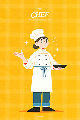 전신 PSD 접시 여자 일러스트 직업캐릭터 요리사모자 한명 미소 들기 성인 반짝임 노란색 손들기 앞치마 자신감 조리복 성인여자한명만 국내일러스트 일러캐릭터 직업 캐릭터 모자_잡화 1 식기 감정 컬러 유니폼 모션 표정 사람 요리사 여자한명만 성인여자만 파일형식