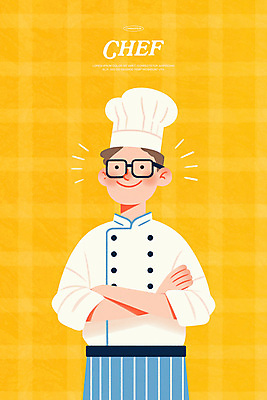 PSD 남자 일러스트 직업캐릭터 요리사모자 한명 미소 상반신 성인 노란색 팔짱 앞치마 자신감 조리복 성인남자한명만 안경낌 국내일러스트 일러캐릭터 직업 캐릭터 모자_잡화 1 감정 안경 컬러 유니폼 모션 표정 사람 요리사 남자한명만 성인남자만 파일형식