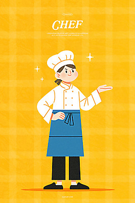 전신 PSD 여자 허리손 일러스트 직업캐릭터 요리사모자 한명 미소 성인 반짝임 노란색 손들기 앞치마 자신감 조리복 성인여자한명만 국내일러스트 일러캐릭터 직업 캐릭터 모자_잡화 1 감정 컬러 포즈 유니폼 모션 표정 사람 요리사 여자한명만 성인여자만 파일형식