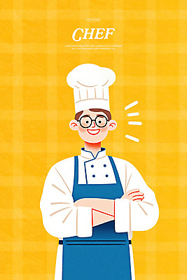 PSD 남자 일러스트 직업캐릭터 요리사모자 한명 미소 상반신 성인 노란색 팔짱 앞치마 자신감 조리복 성인남자한명만 안경낌 국내일러스트 일러캐릭터 직업 캐릭터 모자_잡화 1 감정 안경 컬러 유니폼 모션 표정 사람 요리사 남자한명만 성인남자만 파일형식