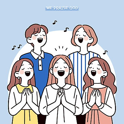 여자 남자 하늘색 음표 일러스트 청소년 여러명 상반신 눈감음 찬송가 종교캐릭터 손모으기 합창단 십대만 국내일러스트 일러캐릭터 AI파일 캐릭터 기호 종교 음악 다수 노래 모션 사람 손짓 파란색 그룹 합창 파일형식 벡터