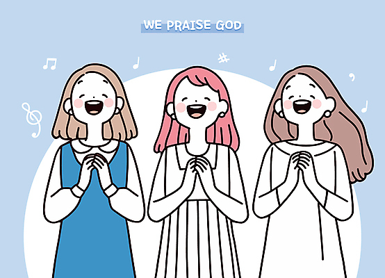 여자 하늘색 음표 일러스트 청소년 상반신 세명 눈감음 찬송가 종교캐릭터 손모으기 합창단 십대여자만 국내일러스트 일러캐릭터 AI파일 캐릭터 기호 종교 음악 노래 모션 사람 손짓 파란색 그룹 합창 여자만 십대만 파일형식 벡터