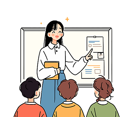 여자 남자 종이 초등학생 어린이 일러스트 학교 수업 친절 미소 들기 소녀 소년 여러명 상반신 성인 책 반짝임 교사 칠판 가리킴 가르침 강의 돌봄 방과후 국내일러스트 AI파일 직업 학생 교육 다수 모션 표정 사람 손짓 파일형식 벡터