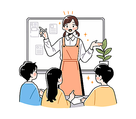 여자 남자 화분 초등학생 어린이 일러스트 학교 수업 친절 미소 들기 소녀 소년 여러명 상반신 성인 책 반짝임 펜 손들기 교사 칠판 가리킴 메모지 가르침 강의 돌봄 방과후 국내일러스트 AI파일 직업 학생 교육 다수 모션 표정 사람 손짓 필기구 사무용품 파일형식 벡터