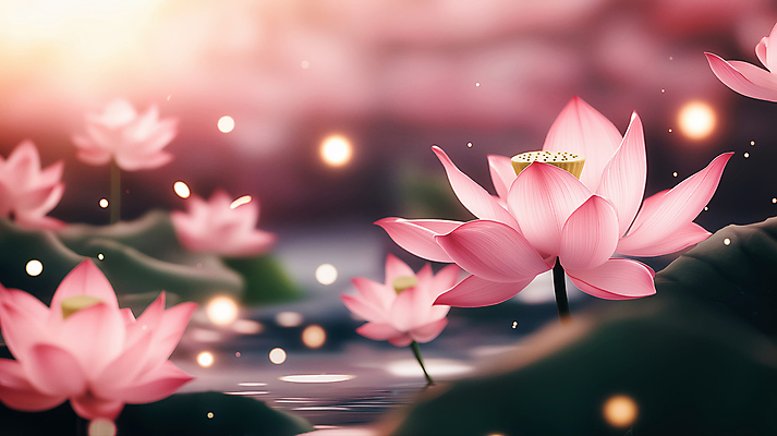 JPG 편집이미지 분홍색 생명 연꽃 사람없음 빛 평화 물가 수면 연잎 보케 감성 편집실사 AI컴퓨터그래픽 AI콘텐츠 꽃 컬러 컨셉 잎 풍경 물 CG 파일형식
