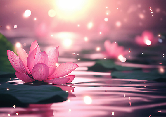 JPG 편집이미지 분홍색 연꽃 사람없음 빛 평화 수면 연잎 보케 감성 편집실사 AI컴퓨터그래픽 AI콘텐츠 꽃 컬러 컨셉 잎 물 CG 파일형식
