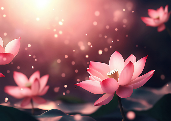 JPG 편집이미지 분홍색 연꽃 사람없음 빛 평화 수면 보케 감성 편집실사 AI컴퓨터그래픽 AI콘텐츠 꽃 컬러 컨셉 물 CG 파일형식