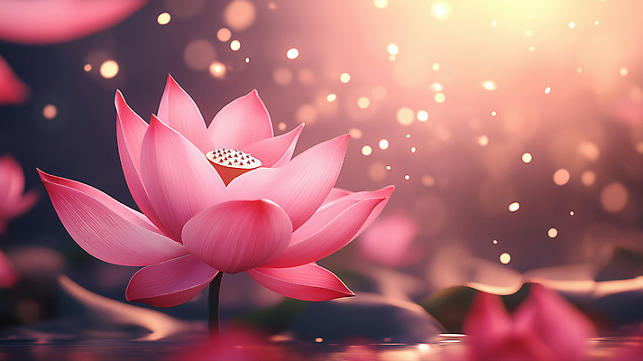 JPG 편집이미지 분홍색 연꽃 사람없음 빛 평화 수면 보케 감성 편집실사 AI컴퓨터그래픽 AI콘텐츠 꽃 컬러 컨셉 물 CG 파일형식