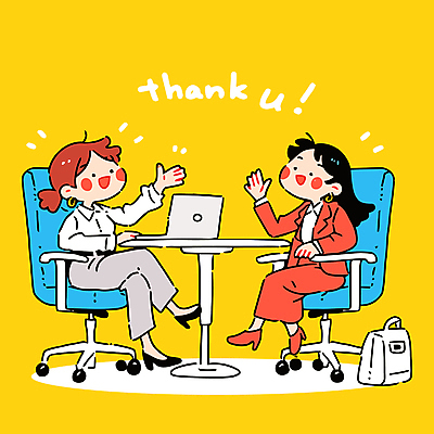 전신 여자 가방 일러스트 협력 직장 미소 앉기 정장 성인 두명 노트북 사무실 노란색 손들기 다리꼬기 비즈니스우먼 책상 동료 감사 땡큐 바퀴의자 프로젝트 성인여자만 국내일러스트 AI파일 잡화 옷 감정 컬러 가구 의자 회사 비즈니스 관계 모션 표정 사람 전자제품 직장인 여자만 성인만 파일형식 벡터