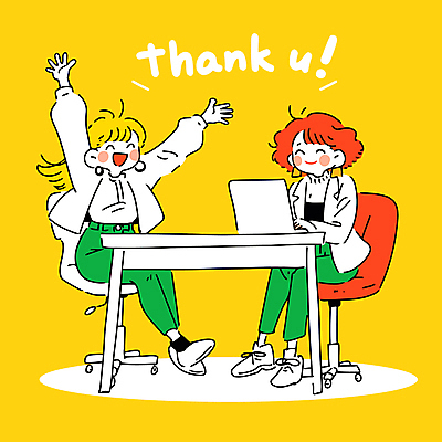 전신 여자 일러스트 협력 직장 미소 앉기 정장 성인 두명 노트북 사무실 노란색 만세 비즈니스우먼 책상 동료 감사 땡큐 바퀴의자 프로젝트 성인여자만 국내일러스트 AI파일 옷 감정 컬러 가구 의자 회사 비즈니스 관계 모션 표정 사람 전자제품 직장인 여자만 성인만 파일형식 벡터