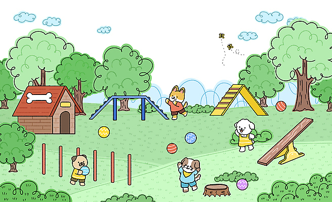 전신 PSD 나무 구름 행복 일러스트 공 서기 들기 잔디 사람없음 초록색 걷기 만세 강아지 놀이기구 놀이터 개집 국내일러스트 자연요소 식물 감정 컬러 모션 놀이 반려동물 개 애견용품 파일형식