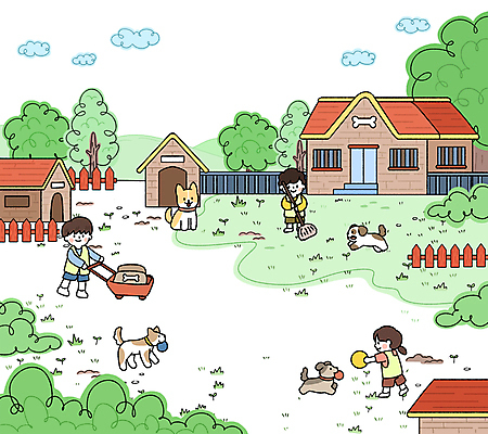 전신 PSD 나무 구름 여자 남자 행복 어린이 일러스트 공 주택 서기 들기 소녀 소년 잔디 세명 초록색 걷기 수레 풀 강아지 물기 빗자루 청소 개사료 나무울타리 수레끌기 애견센터 유기견 어린이만 국내일러스트 자연요소 식물 감정 컬러 모션 사람 건물 울타리 반려동물 카트 당기기 개 먹이 청소도구 파일형식 유기동물